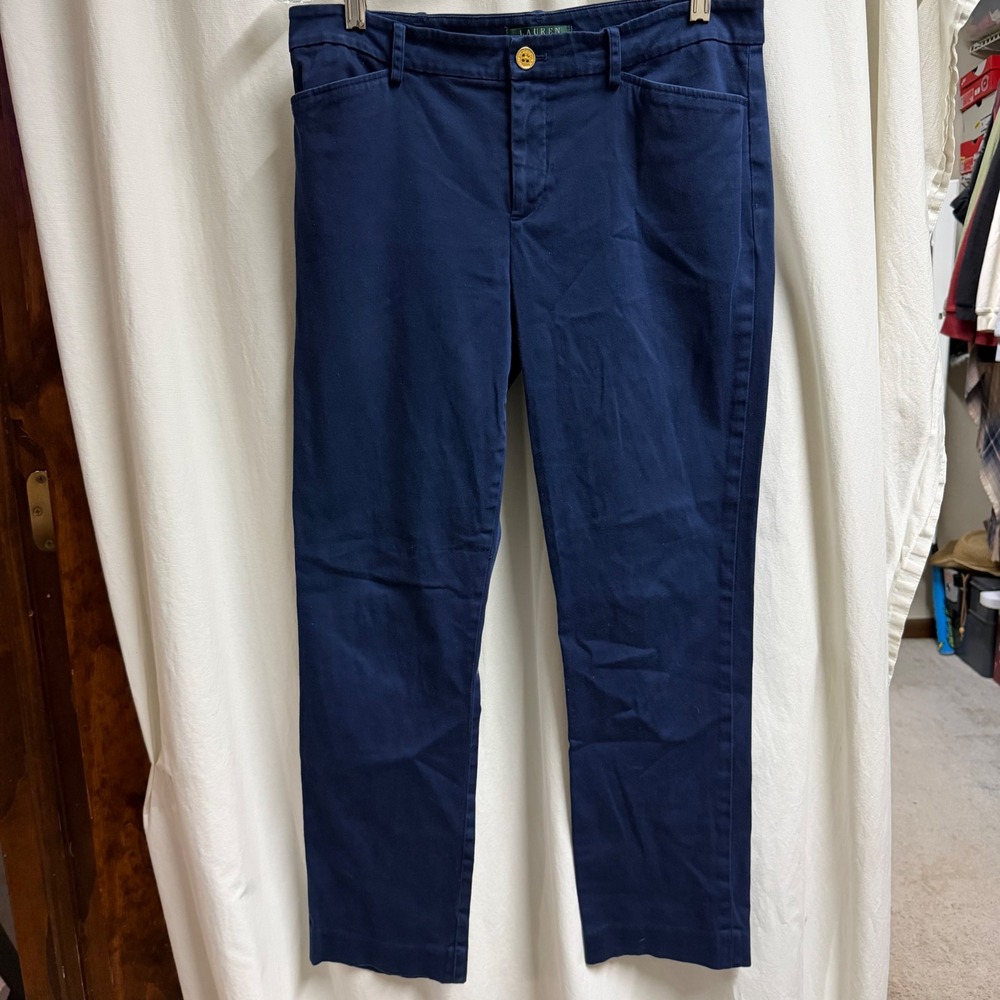 Lauren Ralph Lauren Navy Blue Chino Pants Straight Leg Gold Button Womens 8